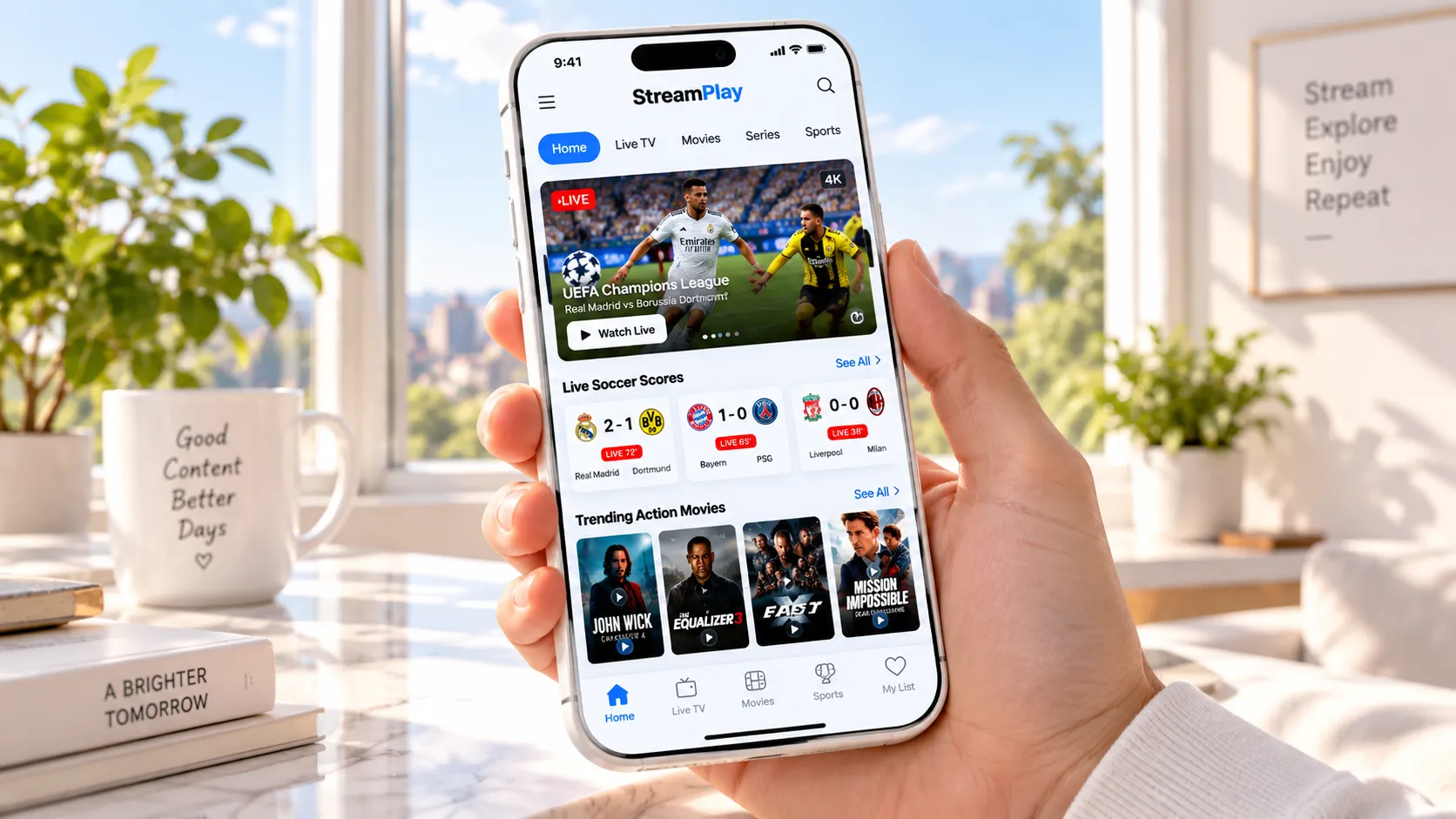 Vergleich verschiedener IPTV-Empfangsgeräte: Fire TV Stick, Apple TV und Android-TV-Box nebeneinander