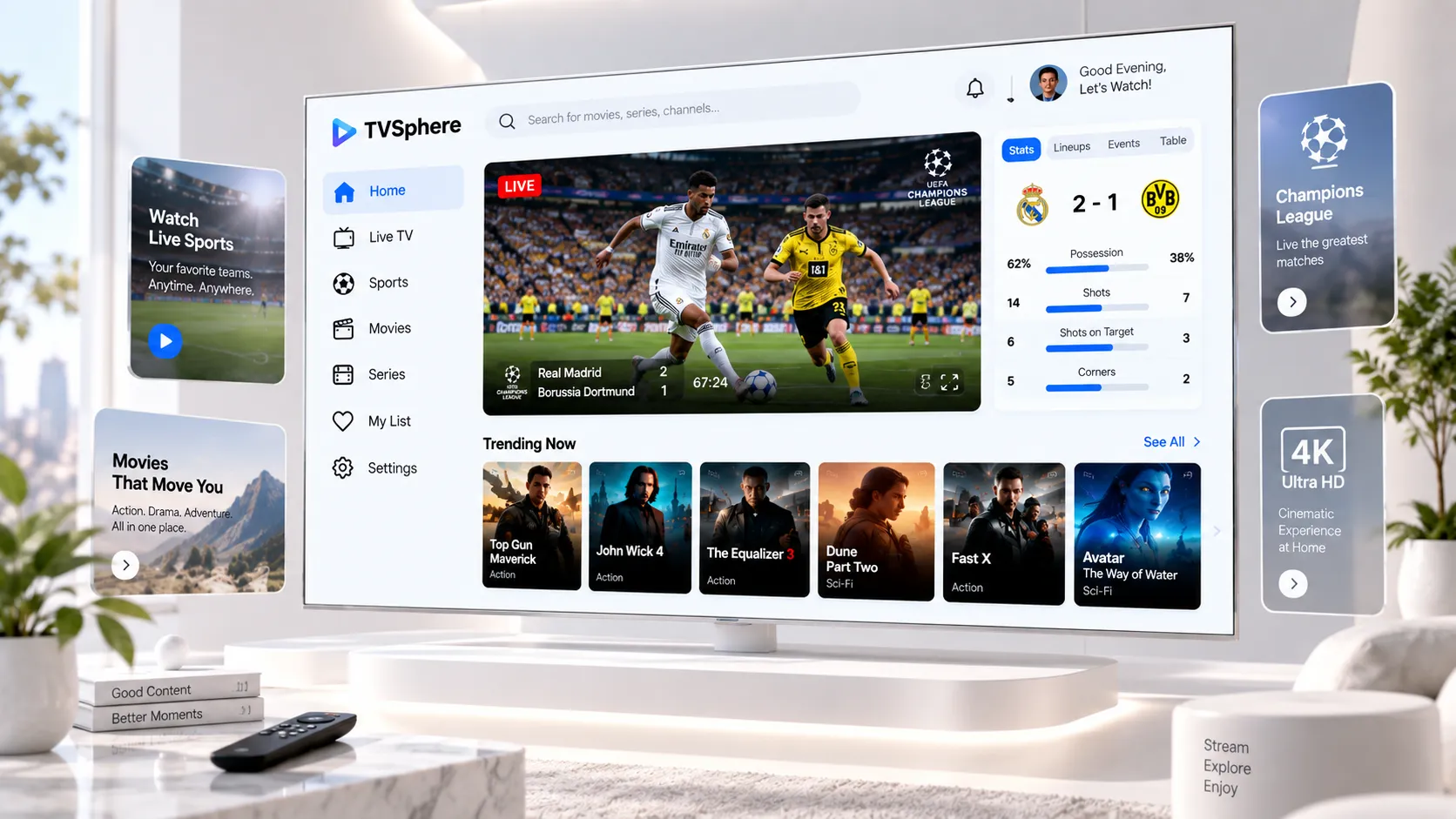 Netzwerkdiagramm: Signalweg eines IPTV-Streams vom Server über ISP und Router bis zum Empfangsgerät