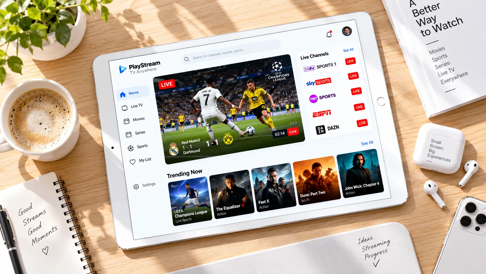 TiviMate-Player-Ansicht mit eingeblendeten Streaminfos: Bitrate, Codec und Pufferstand während des Tests